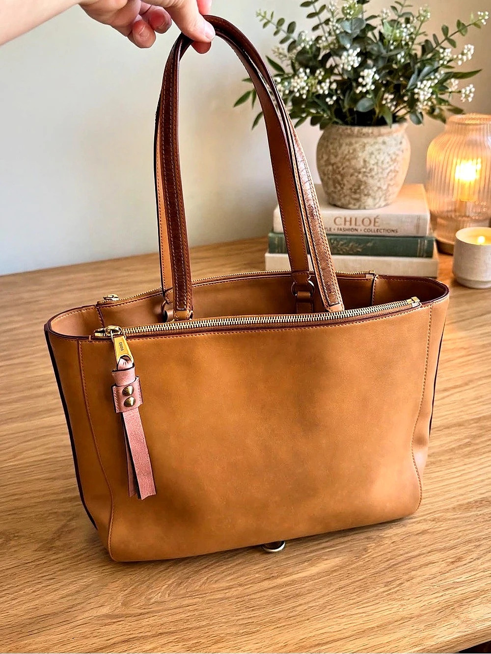 Chloé Sam Leather Tote Bag Tan Biscotti Calfskin Gold Zip Tassel + Pouch